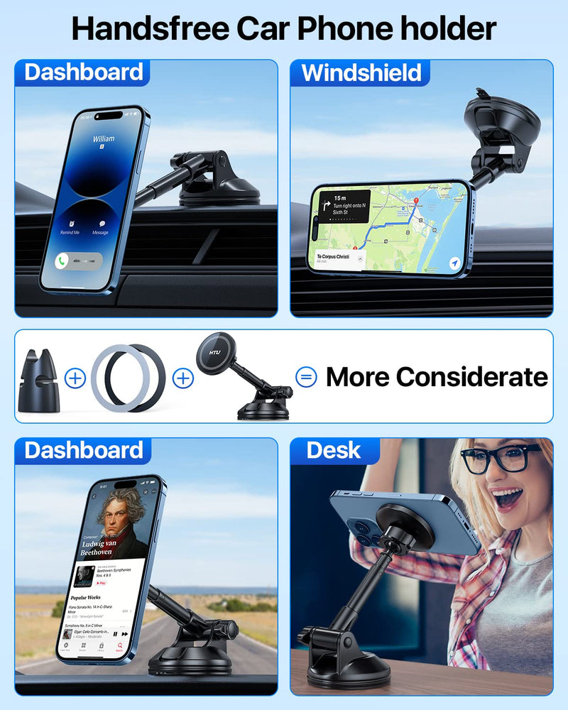  [AUSTRALIA] - HTU【Upgrade Magnet】for Magsafe Car Mount,【360°Suction Cup & Alloy Telescopic Arm】Handsfree Powerful Magnetic Cell Phone Holder for Car Dashboard Windshield, for iPhone 14 13 12 Pro Max Mini All Phone Black