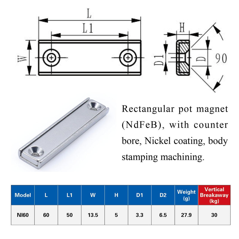  [AUSTRALIA] - Strong Neodymium Rectangular Pot Magnets with Counter Bore, Countersunk Hole Magnets with Mounting Screws - 60x13.5x5mm, Pack of 8 Rectangular Pot Magnets 8P