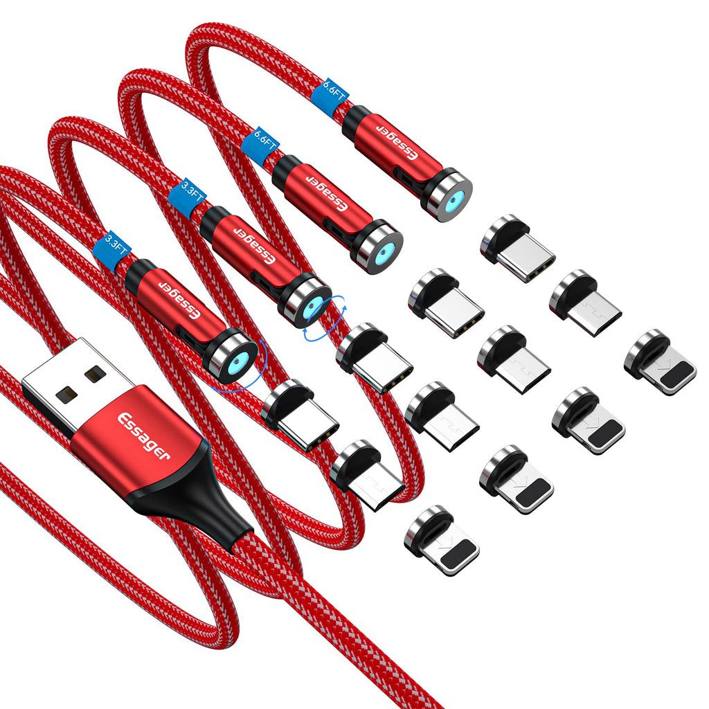  [AUSTRALIA] - ESSAGER Magnetic Charging Cable 4 Pack(3.3+3.3+6.6+6.6) ft, 360°& 180°Rotation Magnetic Charger Cable with LED Compatible with USB C Type-c Micro 3 in 1 Charger Cable(Red) Red