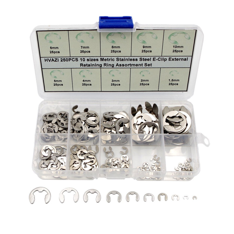  [AUSTRALIA] - HVAZI 250PCS Stainless steel E-Clip External Retaining Ring Assortment Set