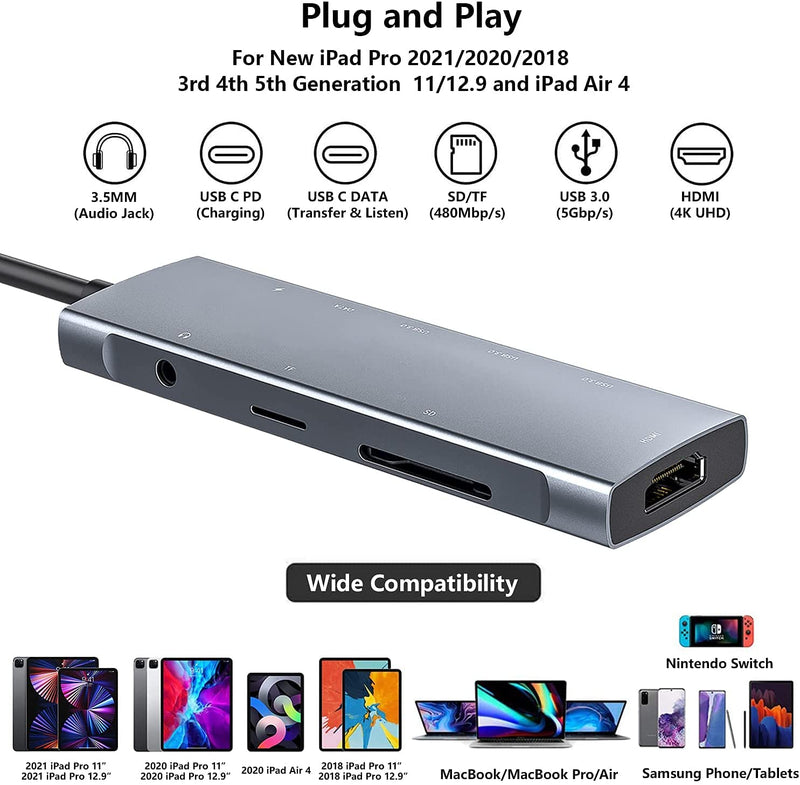  [AUSTRALIA] - USB C Hub Adapter for iPad Pro 11/12.9 2021 2020 2018 iPad Air 4 Accessories, 9in1 USB-C Adapter Docking Station with 4K HDMI, 3xUSB3.0, 3.5mm Audio Jack,TF/SD Card Reader,60W Charging,USB-C 3.0 Data