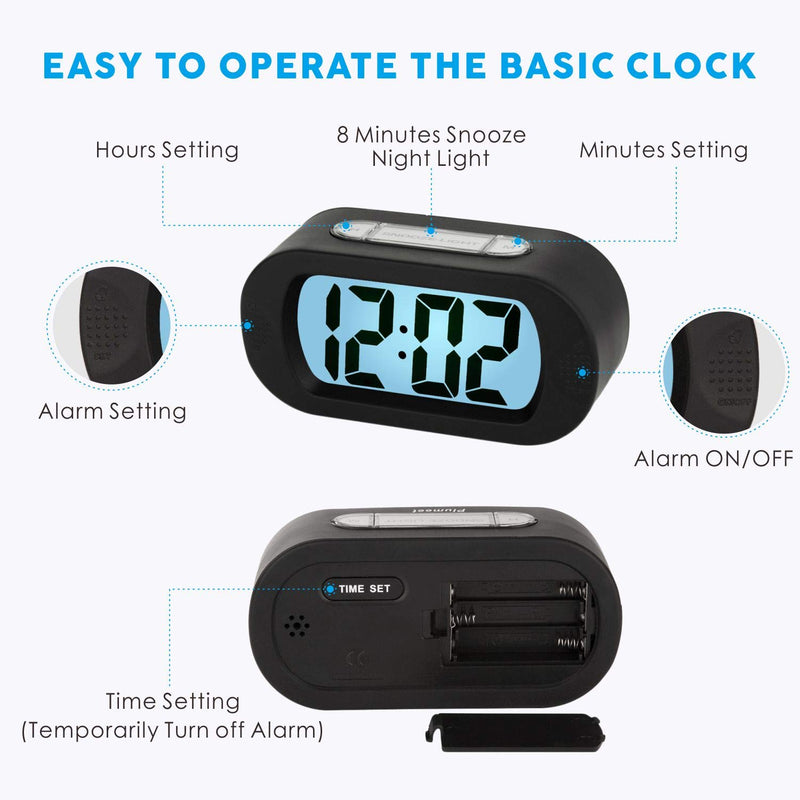  [AUSTRALIA] - Kids Alarm Clock - Plumeet Large Digital LCD Travel Alarm Clocks with Snooze and Night Light - Ascending Sound and Handheld Sized - Best Gift for Kids (Black) Black