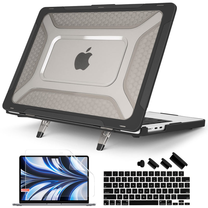  [AUSTRALIA] - Batianda Case for M2 MacBook Air 13.6 inch 2022 Release A2681 Model,Honeycomb Heavy Duty Protective Hard Shell with TPU Bumper and Fold Kickstand & Keyboard Cover Screen Protector, Black S-Black