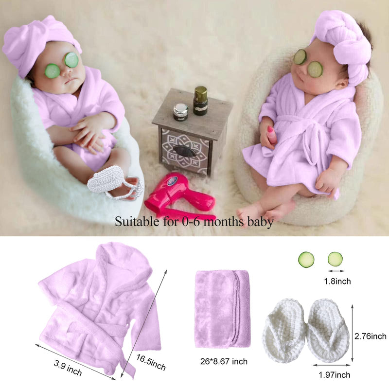  [AUSTRALIA] - SPOKKI Newborn Photography Props Baby Girl 5 PCS Bathrobes Bath Towel Outfit with Slippers Cucumber Photo Props for Infant Boys Girls(0-6 Months) (Purple) Purple