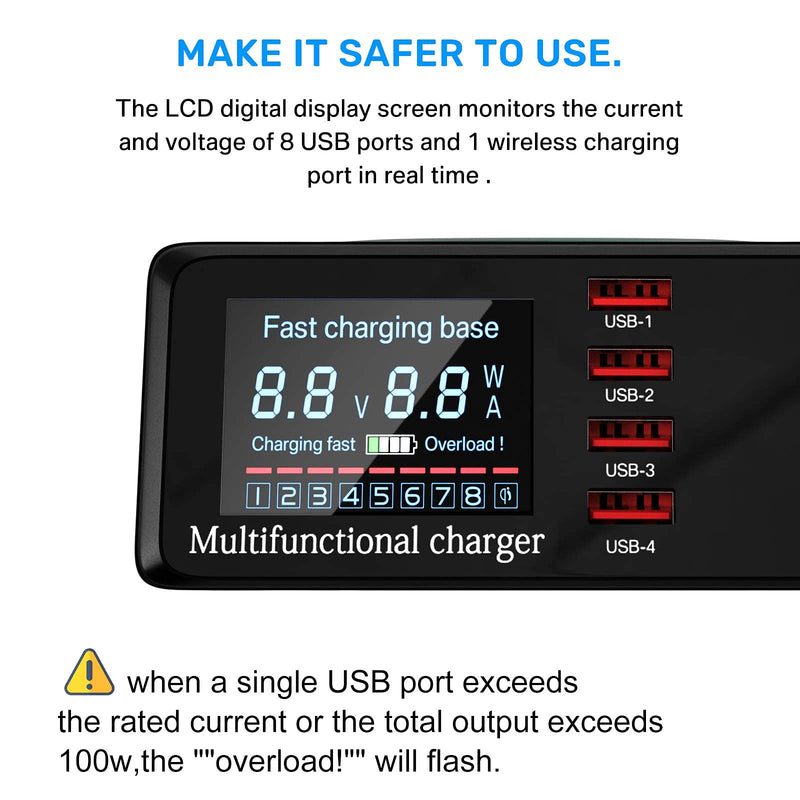  [AUSTRALIA] - USB Charger Hub ASOMETECH 100W 8-Port Desktop Multiple USB Charging Station With Type C Port, Quick Charge 3.0 USB Port, Wireless Charger, LCD Display Fast USB C Charger for iPhone 12, Tablet and More