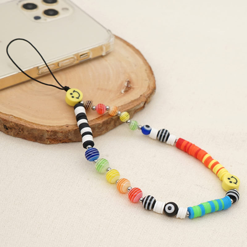 Beaded Phone Charms Strap for Women - Bohemian Smiley Face Beaded Phone Lanyards Evil Eye Bead Cell Phone Wrist Chain Y2K Jewelry for Teens Girls Polymer Clay - LeoForward Australia