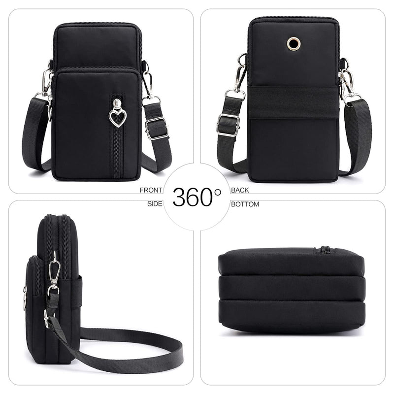  [AUSTRALIA] - Nylon Cell Phone Purse Wallet Small Crossbody Phone Bag Pouch with Wrist Strap & Adjustable Shoulder Straps (Black) Black