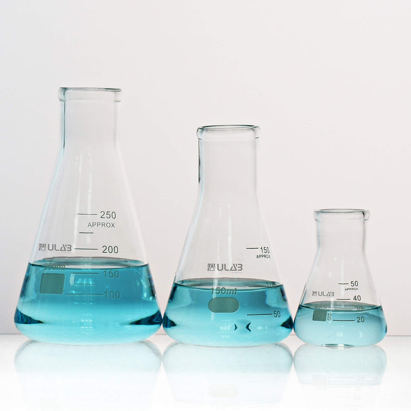 ULAB Scientific Narrow-Mouth Glass Erlenmeyer Flask Set, 3 Sizes 50ml 150ml 250ml, 3.3 Boro with Printed Graduation, UEF1001 3 Sizes: 50ml 150ml 250ml - LeoForward Australia