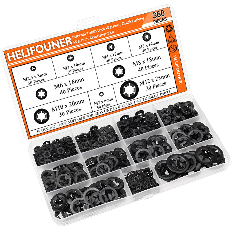 [AUSTRALIA] - HELIFOUNER 360 Pieces 9 Sizes Internal Tooth Star Lock Washers, Quick Speed Locking Washers, Push Nuts, Speed Clips Retaining Clips Fasteners Assortment Kit