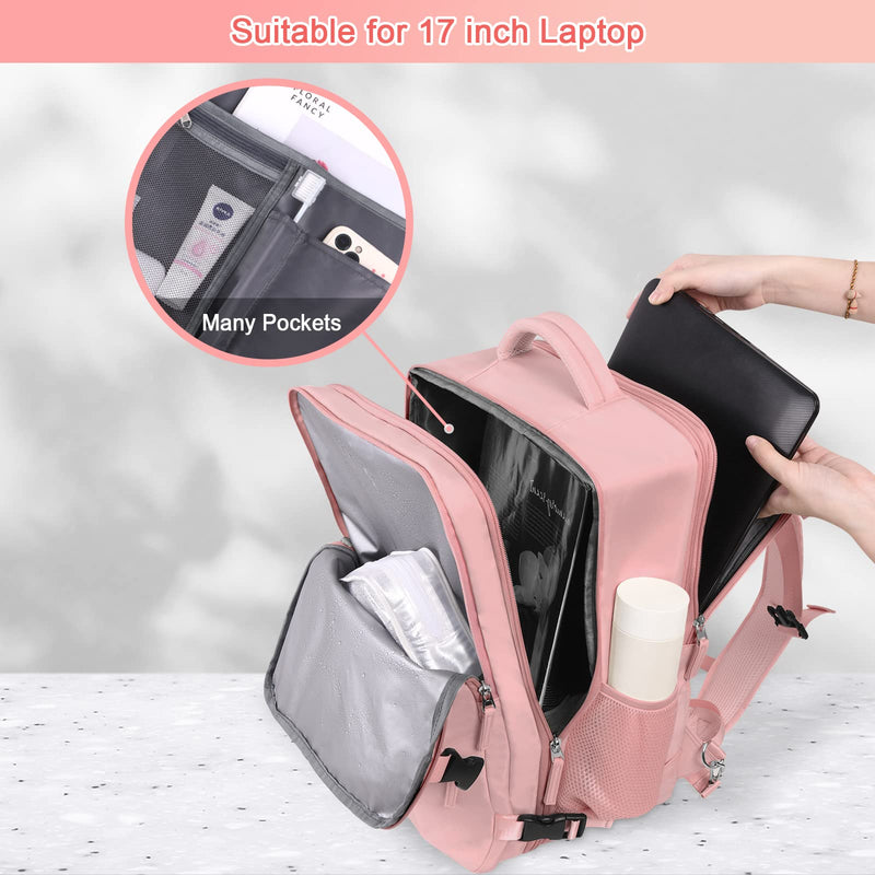  [AUSTRALIA] - Sinaliy Large Travel Backpack for Women, 40L Carry On Backpack, 17 Inch Laptop Backpack, Waterproof Backpack, College Bookbag, Laptop Backpack, Backpack for Women, as Person Item Flight Approved Pink