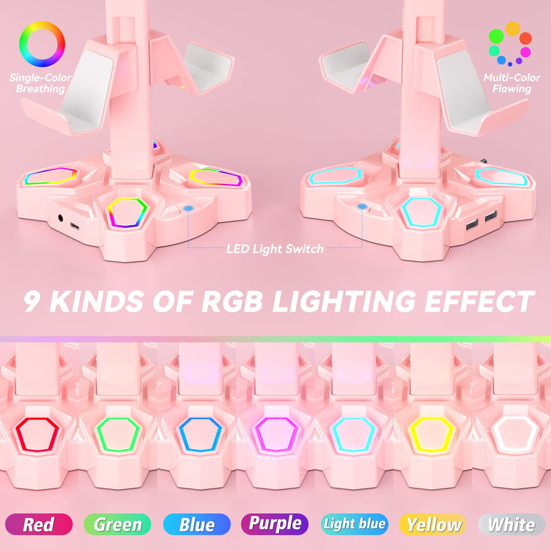  [AUSTRALIA] - KDD RGB Headphone Stand with 9 Light Modes - Rotatable Pink Game Headset Holder with 3.5mm AUX & 2 USB Port - Suitable for PC Desk Accessories Gamers Gift(Pink)