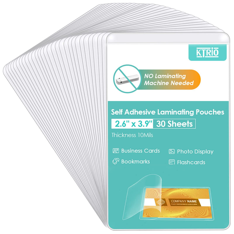  [AUSTRALIA] - KTRIO Self Seal Laminating Pouches Business Card Size 30 Sheets, 10 Mil Thick, Self Adhesive Laminate Sheets 2.6x3.9 Inches, Round Corner Design, No Laminating Machine Needed