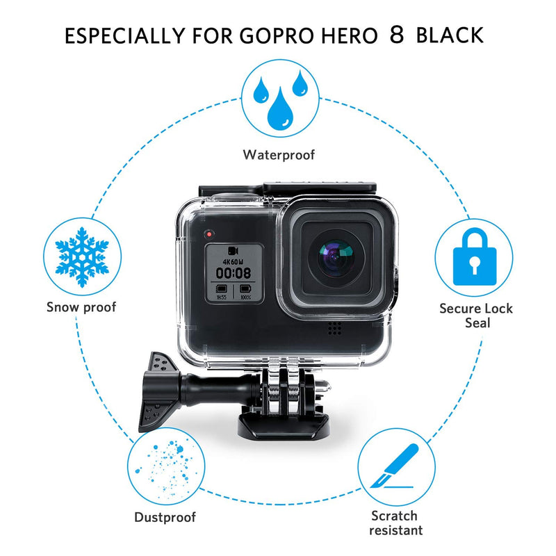  [AUSTRALIA] - FINEST+ 60m Waterproof Housing Case for GoPro Hero 8 Black Diving Protective Housing Shell with Bracket Accessories for Go Pro Hero8 Action Came Rubber Material Pins Protect The Power Botton