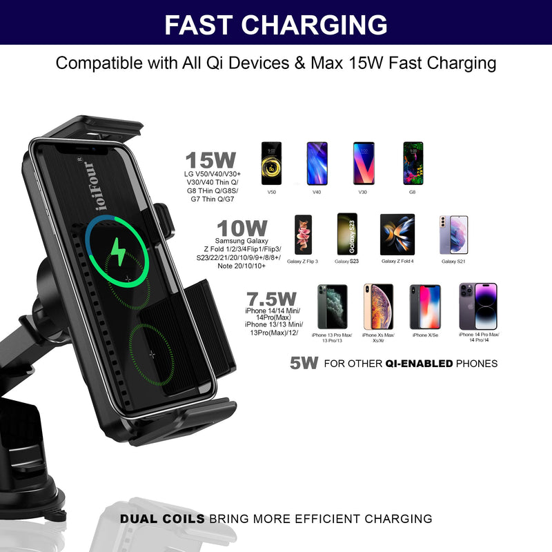  [AUSTRALIA] - Wireless Car Phone Charger, ioiFour Car Phone Mount, Auto-Rotating Dual Coils 15W Qi Fast Charging Car Phone Holder for Samsung Galaxy Z Fold/Flip 5/4/3/S23/S22, iPhone 14/13, Google Pixel Fold/6 Pro