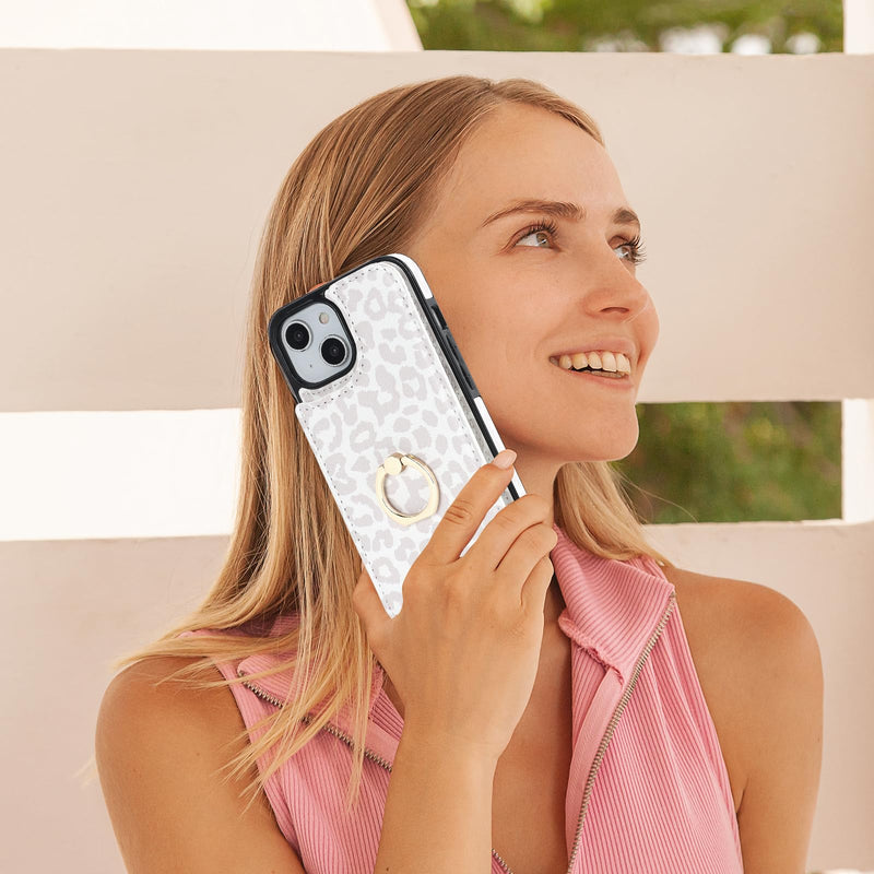  [AUSTRALIA] - HAOPINSH for iPhone 13/ iPhone 14 Wallet Case with Card Holder, 360°Rotation Ring Kickstand, White Leopard Cheetah Pattern, RFID Blocking Leather for Girls Women, Double Buttons Flip Protective 6.1"