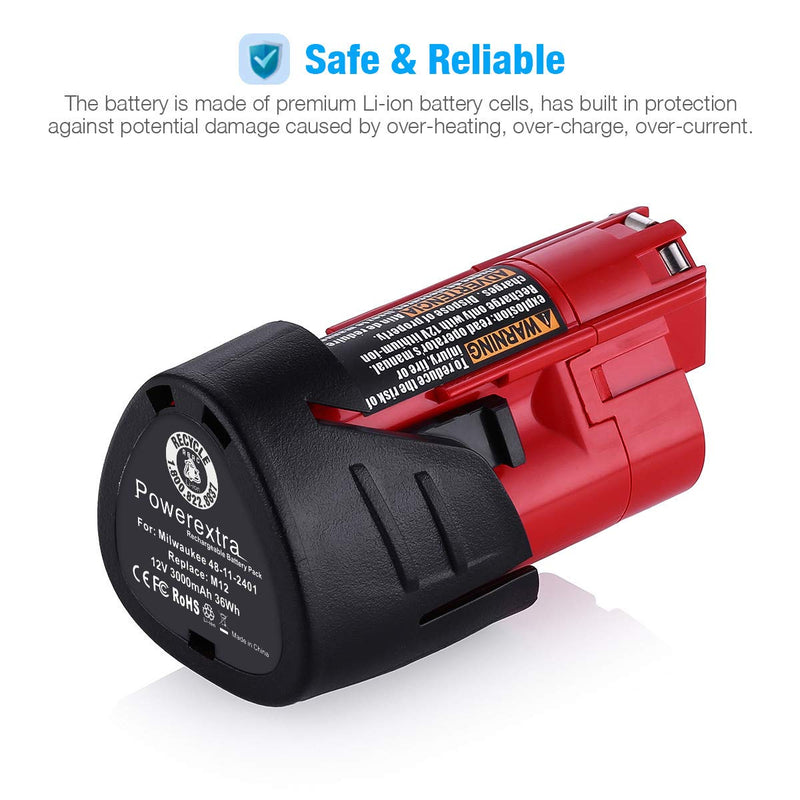 Powerextra 2 Pack 12V 3000mAh Lithium-ion Replacement Battery Compatible with Milwaukee M12 48-11-2411 48-11-2420 48-11-2401 48-11-2402 48-11-2401 12-Volt M12 Cordless Tools - LeoForward Australia