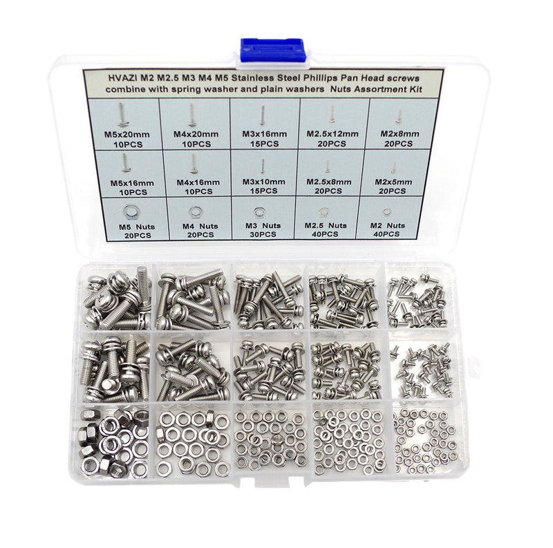  [AUSTRALIA] - HVAZI M2 M2.5 M3 M4 M5 Stainless Steel Phillips Pan Head Screws Combine with Spring Washer and Plain Washers Nuts Assortment Kit