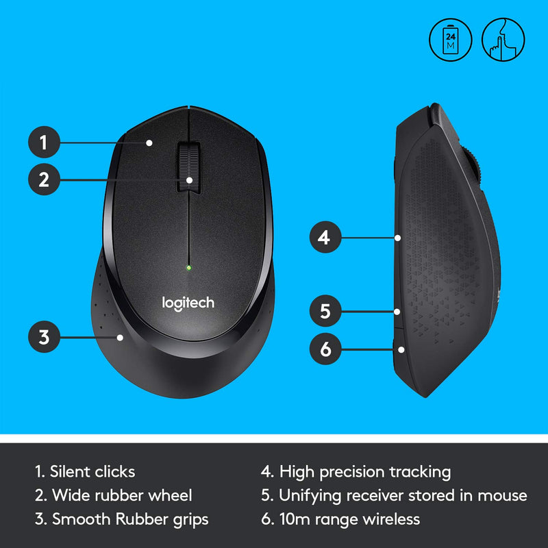  [AUSTRALIA] - Logitech M330 Silent Plus Wireless Mouse – Enjoy Same Click Feel with 90% Less Click Noise, 2 Year Battery Life, Ergonomic Right-Hand Shape for Computers and Laptops, USB Unifying Receiver, Black