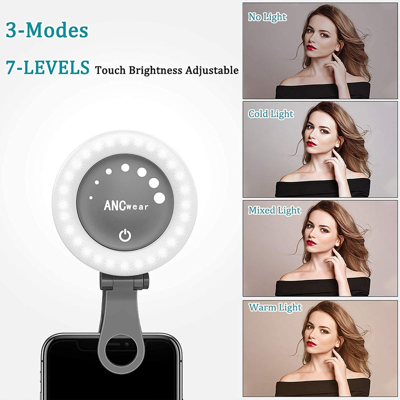  [AUSTRALIA] - Selfie Ring Light for Phone iPhone Laptop, ANCwear Mini Clip On and Portable Light for Photography, Makeup, YouTube, Tiktok; 21 Light Mode 60 Led Beads 500mhA Rechargeable Battery Powered. Grey