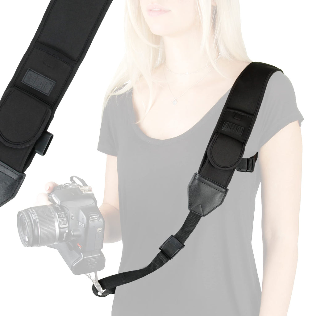  [AUSTRALIA] - USA GEAR Camera Sling Shoulder Strap with Adjustable Neoprene, Safety Tether, Accessory Pocket, Quick Release Buckle - Compatible with Canon, Nikon, Sony and More DSLR and Mirrorless Cameras (Black) Black