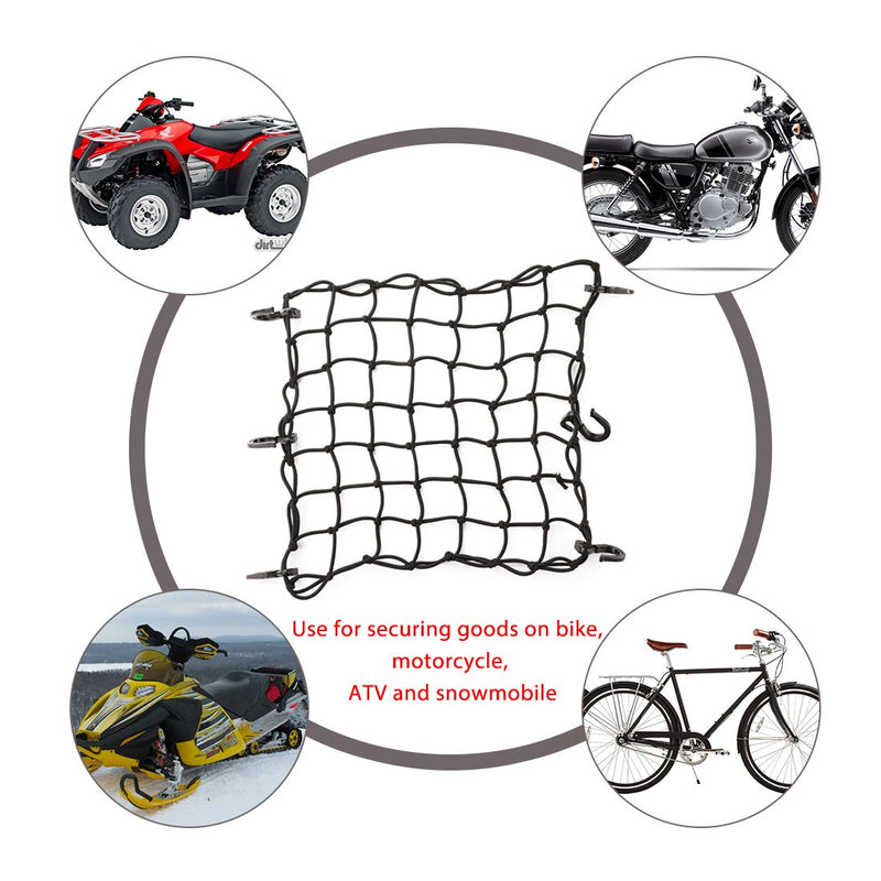  [AUSTRALIA] - CZC AUTO 15"x15" Black Latex Bungee Cargo Net Strech to 30"x30", Gear Helmet Luggage Netting with 2"X2" Small Mesh and 6 Adjustable Plastic Hooks, for Motorcycle Bike Paddleboard Quad Canoe Moped ATV 1