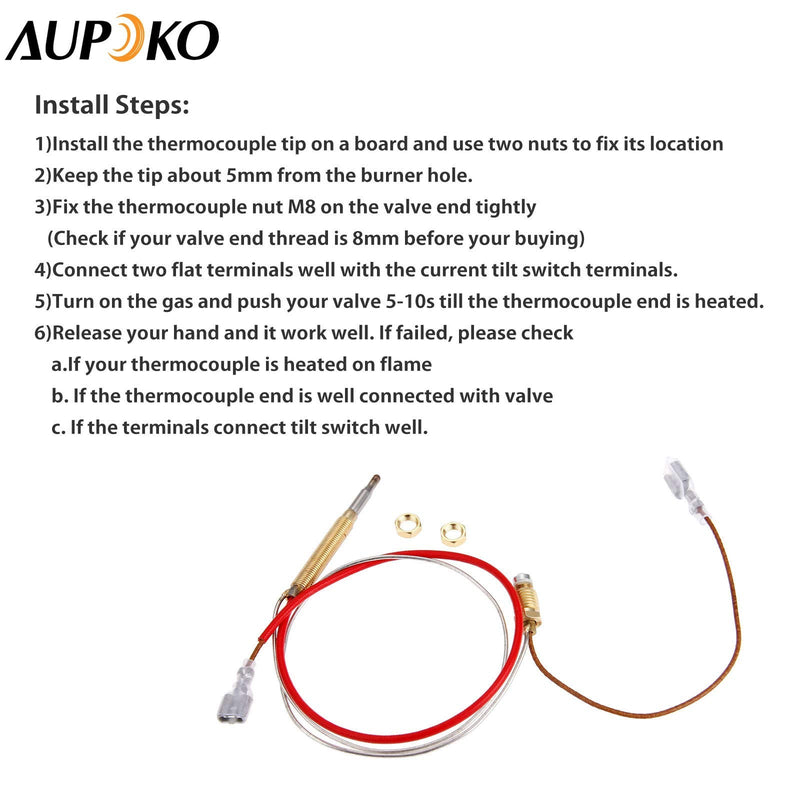  [AUSTRALIA] - Thermocouple for gas patio heater outdoor heating, Aupoko patio heater spare parts thermocouple for heating element, M6x75 thread with M8x1, M9x1 connection nuts 6.3 mm flat clamp, 410 mm