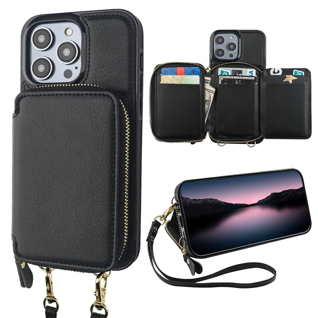  [AUSTRALIA] - Bocasal RFID Blocking Wallet Case for iPhone 14 Pro Max, Adjustable Crossbody Zipper Purse Case Card Holder with Kickstand Detachable Wrist Strap, PU Leather Flip Folio Case 6.7 Inch 5G (Black) Black