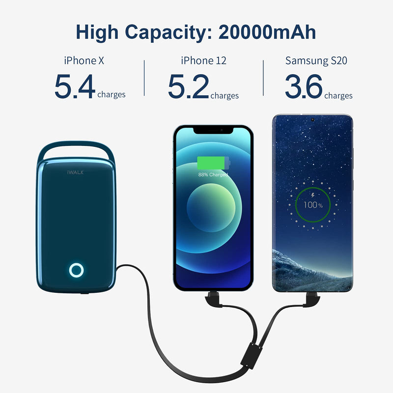  [AUSTRALIA] - iWALK Portable Charger 20000mah 18W PD Power Bank with Built in USB C Cable Compatible with iPhone13/13 Pro Max/12 Mini/12 Pro Max/11/Xs,iPad,Samsung,LG, Fast Charging for Outdoor Activities,Blue Blue