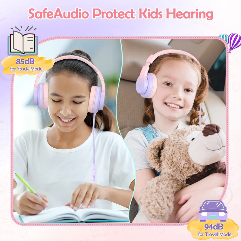 [AUSTRALIA] - Kids Headphones, Wired Headphones for Kids Over Ear with Microphone, 85/94dB Volume Limiter Headphones for Girls Boys with Sharing Jack, Foldable Headphones for Online Study, Gradient Pink
