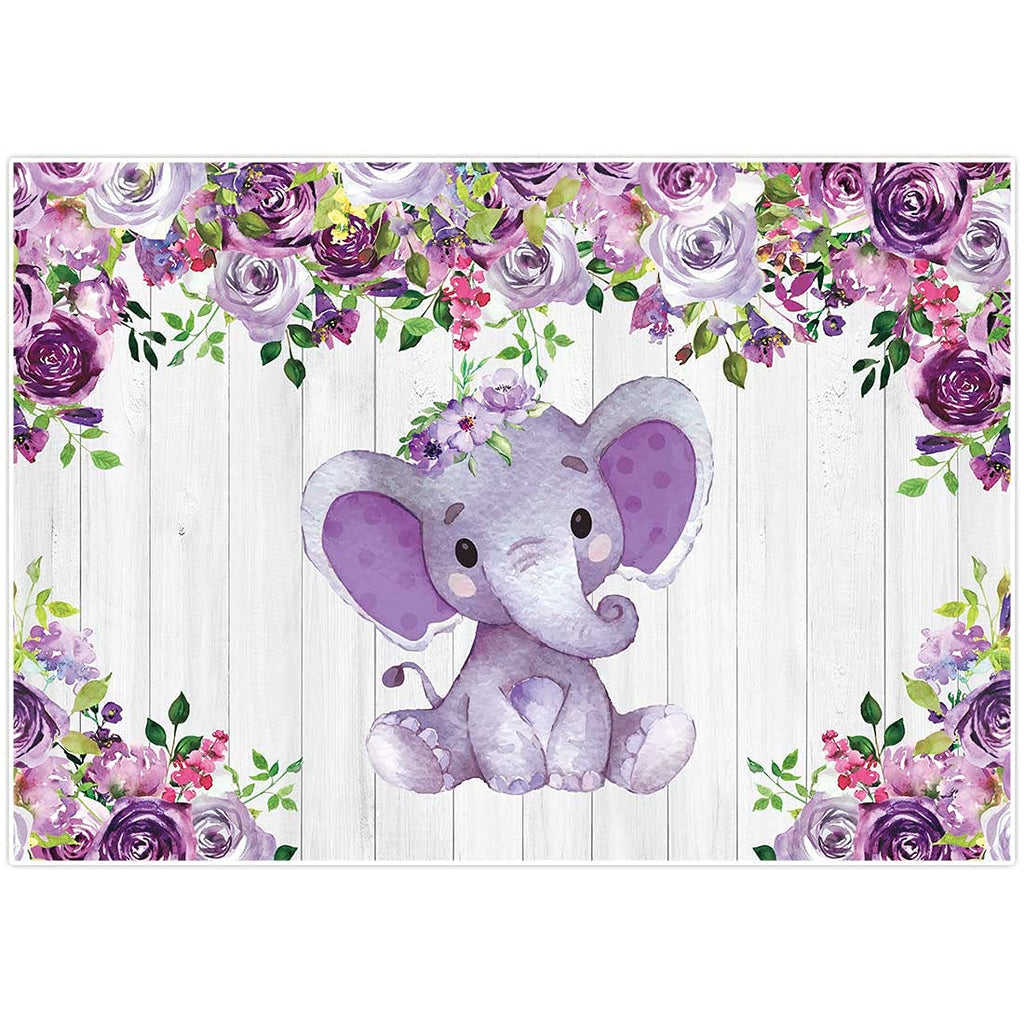  [AUSTRALIA] - Allenjoy 7x5ft Rustic White Wood Elephant Backdrop Supplies for Baby Shower Purple Floral It's a Girl Newborn Kids Birthday Party Decorations Studio Cake Smash Candy Dessert Photography Banners Props