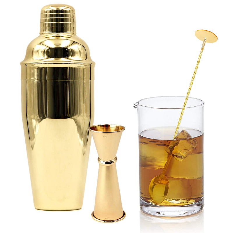  [AUSTRALIA] - Homestia Gold Cocktail Shaker Set Bartender Kit Stainless Steel 24oz Martini Shaker, Muddle Spoon, Double Jigger, Fine Strainer, Ice Tong, 2 Liquor Pour Spout Barware Gift Set L