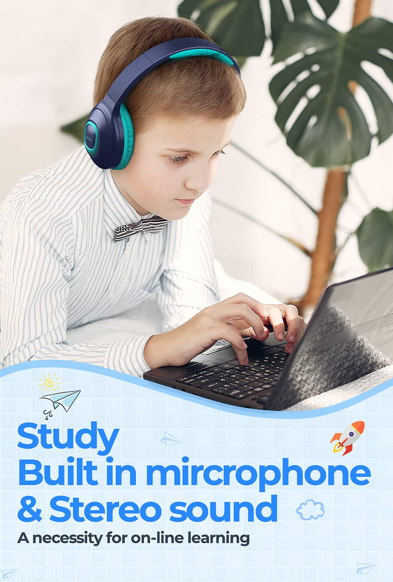 [AUSTRALIA] - E5 Kids Wireless Headphones with Microphone, Bluetooth 5.0 Over Ear Wireless Kids Headphones with Volume Control 85dB/93dB, 40H Playtime,Sharing Function,for School/iPad/Tablet/Boys/Girls Blue Cyan