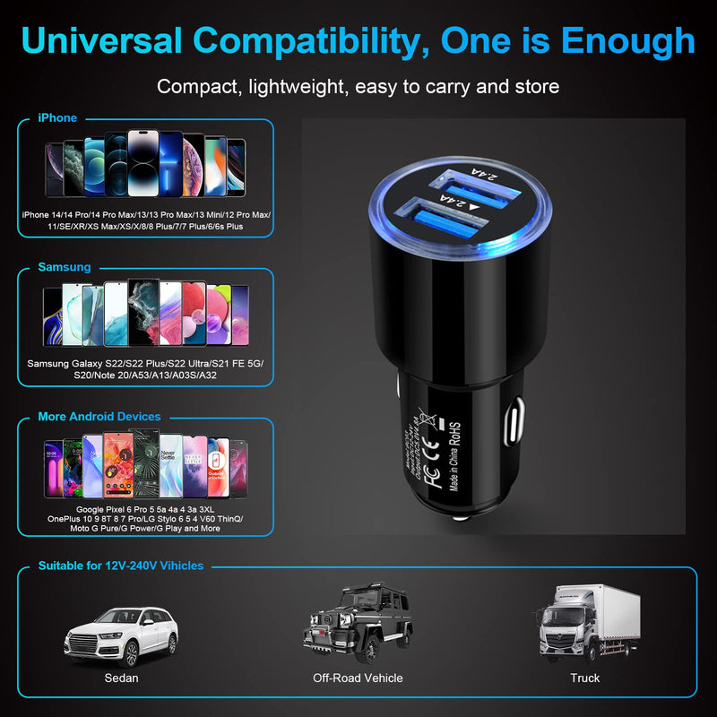  [AUSTRALIA] - Car Charger Fast Charge,3Pack 4.8A Rapid Car Phone Charger Cigarette Lighter USB Charger for iPhone 14 13 12 11 Pro Max 10 SE XR XS X 8 7 6 6s,Samsung Galaxy S22 S21 S20 A13 A32 S10 S9 S8 S7,Android 3