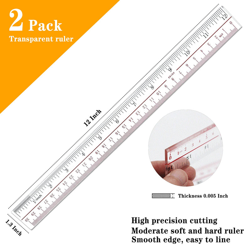  [AUSTRALIA] - Adisalyd Ruler 12 inch, Clear Plastic inch Ruler, Apply to Rulers for Kids and Office Use Measuring Tools, Transparent Metric Straight with Inches Centimeters, Set Pack of 2, Ruler 12 inch-14