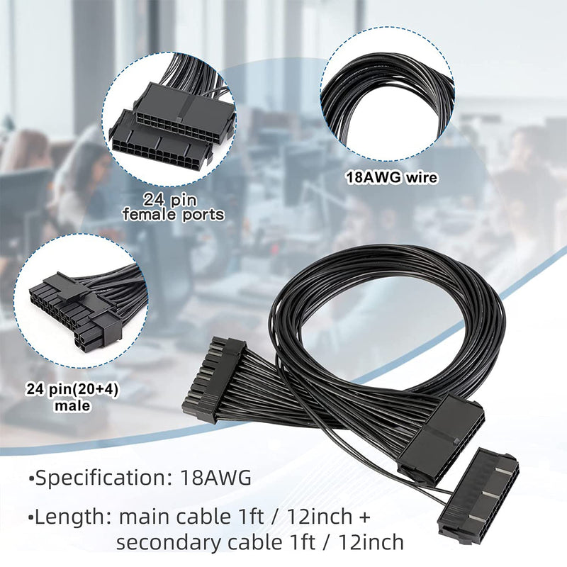  [AUSTRALIA] - Xhwykzz 24 Pin Splitter Dual Power Supply Adapter Cable for ATX, 24 pin to 2 x 24(20+4) pin (1ft/12inch)