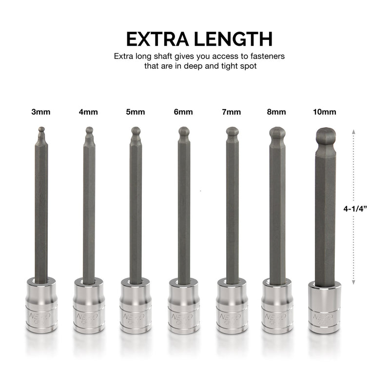  [AUSTRALIA] - Neiko 10243A 3/8” Drive Extra Long Ball End Hex Bit Socket Set, Metric, 3mm to 10mm | 7-Piece Set, S2 and Cr-V Steel, 4-1/4 Inch Length