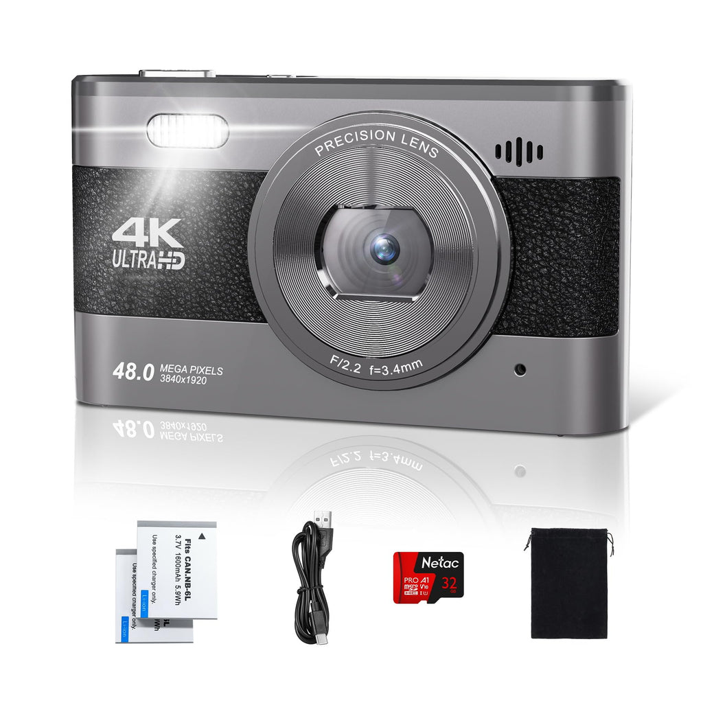  [AUSTRALIA] - 4K Digital Camera for Photography, 48MP Vlogging Camera for YouTube Compact Camera 18X Digital Zoom for Travel with Flash 3'' IPS Screen, 32G SD Card, 2 Batteries