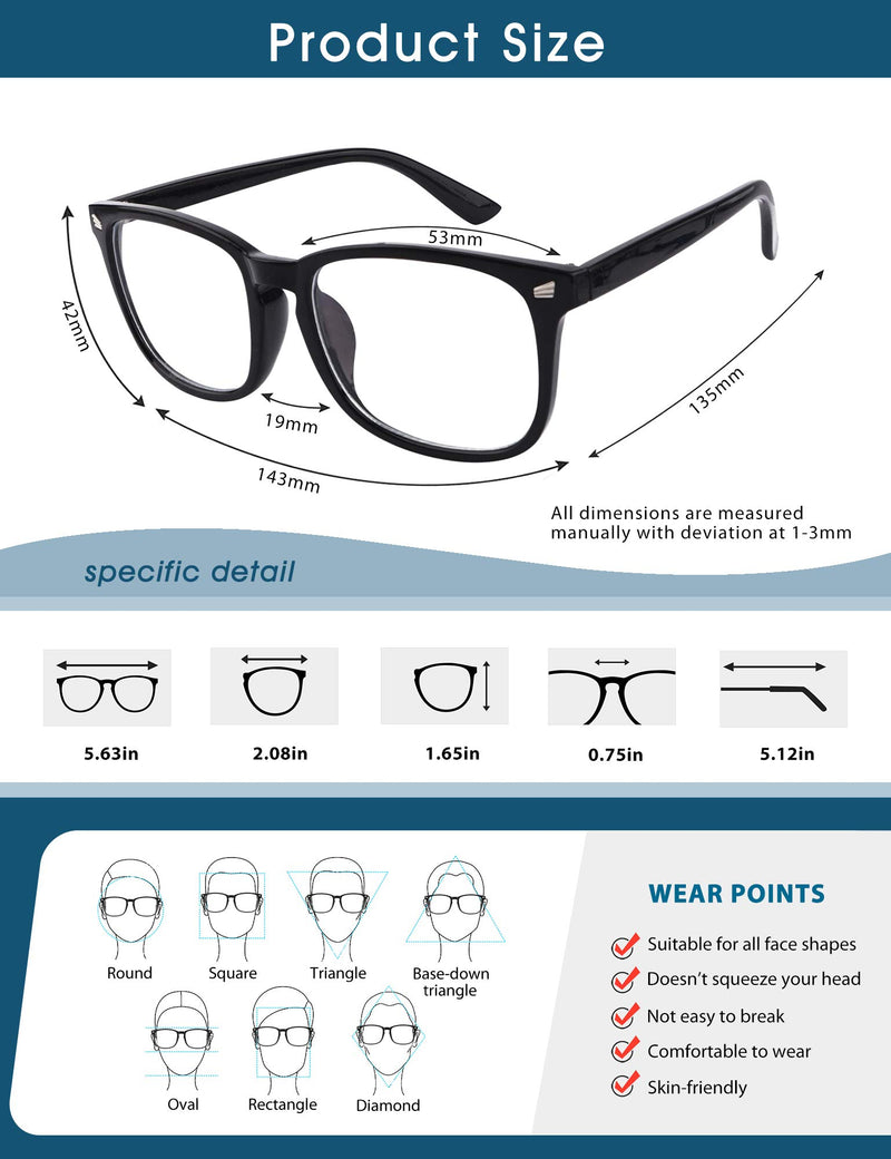  [AUSTRALIA] - Blue Light Blocking Glasses 2 Pack Fashion Square Computer Game Eyeglasses for Women Men Anti Eyestrain Headache Reading Glasses Non Prescription(Black+Transparent) Black+transparent