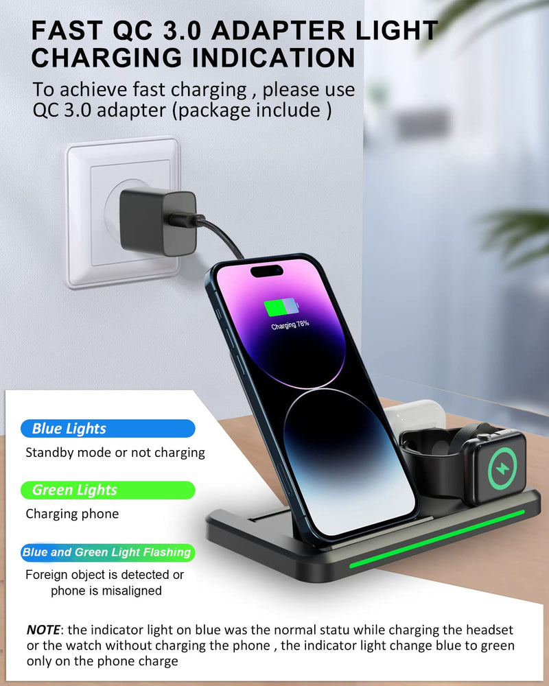  [AUSTRALIA] - Wireless Charger for iPhone,Charging Station for Apple Multiple Devices,Foldable 3 in 1 Charger for iPhone 14/13/12/11/Pro/Max/XS/Max/XR/XS/X, Apple Watch 8/7/6/SE/5/4/3/2, Airpods Pro/3/2/1 Black