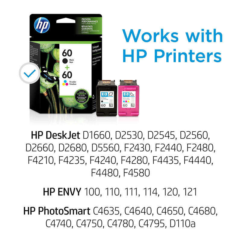  [AUSTRALIA] - Original HP 60 Black/Tri-color Ink Cartridges (2-pack) | Works with DeskJet D1660, D2500, D2600, D5560, F2400, F4200, F4400, F4580; ENVY 100, 110, 120; PhotoSmart C4600, C4700, D110a Series | N9H63FN