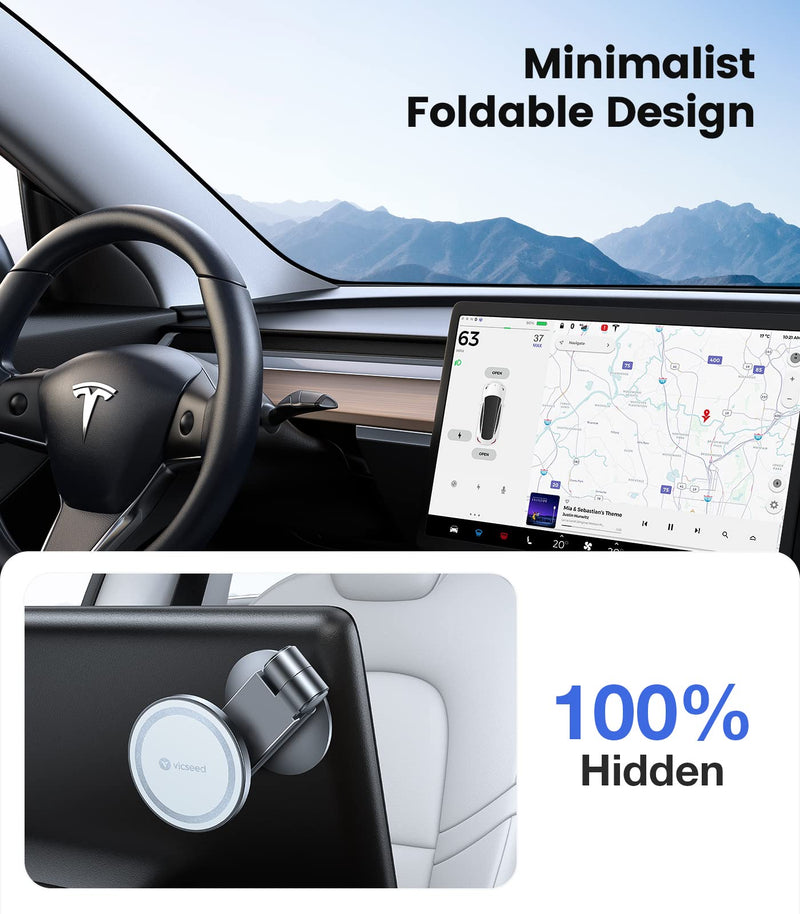  [AUSTRALIA] - VICSEED Tesla Phone Mount【Strongest Magnet Power】Foldable Hidden Tesla Phone Holder Fit for All Phone, Tesla Model 3 Model Y for MagSafe Car Mount, Tesla Model Y Accessories, Tesla Model 3 Accessories