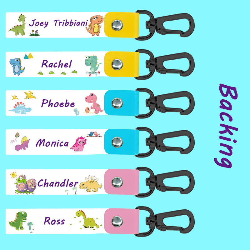  [AUSTRALIA] - 6 Pcs Backpack Name Keychain Kids Name Labels with Pen Cute Name Tag Clips Child Id Bag Tags Dinosaur Name Clips for Kids Name Keychain for Backpacks Boys Girls Water Bottle Lunchbox Pencil Case