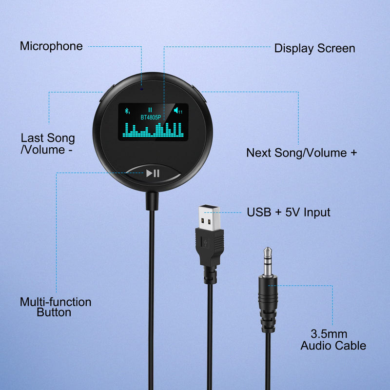  [AUSTRALIA] - Bluetooth Car Kit, Bluetooth Car Adapter for Handsfree Talking and Music Streaming, Bluetooth Receiver with LCD Screen and Ground Loop Noise Isolator for Car and Truck Black