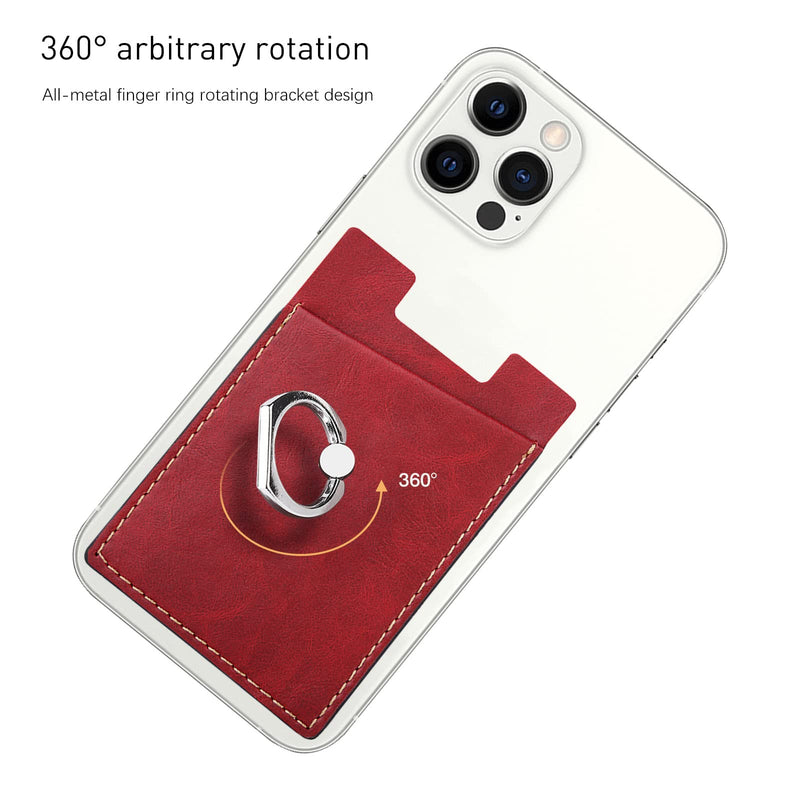  [AUSTRALIA] - Phone Card Holder with Phone Ring, Ring Wallets Combine a Finger Grip, Phone Ring Stand & Credit Card Sleeve into Thin Phone Wallets Stick On Universal to Any Cell Phone - Red Leather