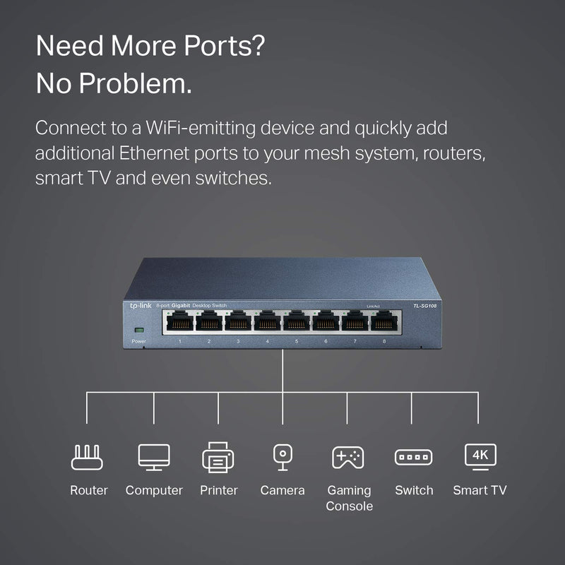 TP-Link TL-SG108 | 8 Port Gigabit Unmanaged Ethernet Network Switch, Ethernet Splitter | Plug & Play | Fanless Metal Design | Shielded Ports | Traffic Optimization | Limited Lifetime Protection 8 Port, Gigabit - LeoForward Australia