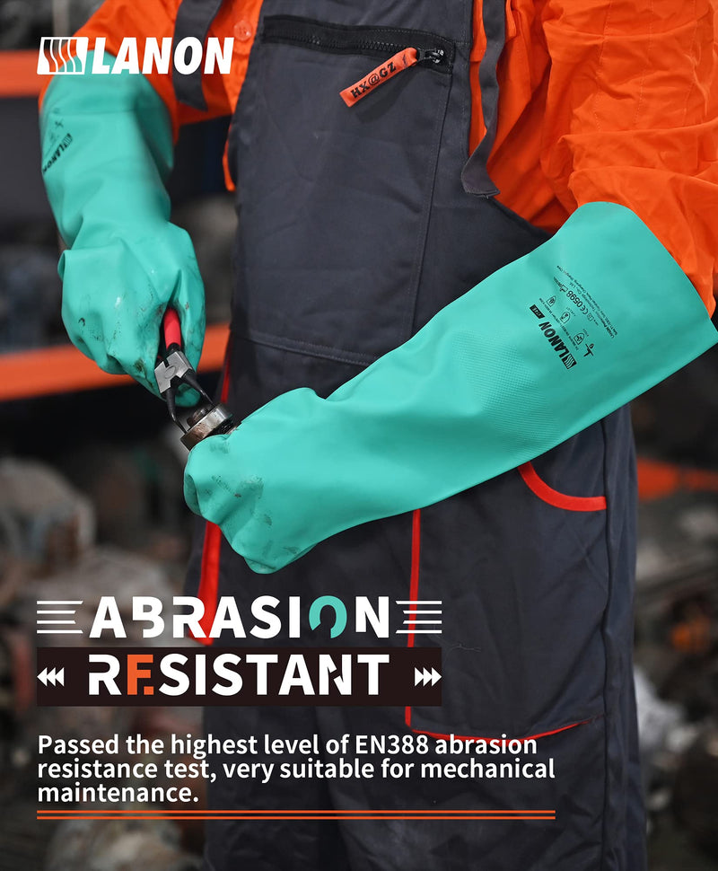  [AUSTRALIA] - LANON Nitrile Chemical Resistant Gloves, Reusable Heavy Duty Safety Work Gloves, Acid, Alkali and Oil Protection, 18" Length, Non-Slip, Large Large (Pack of 1)