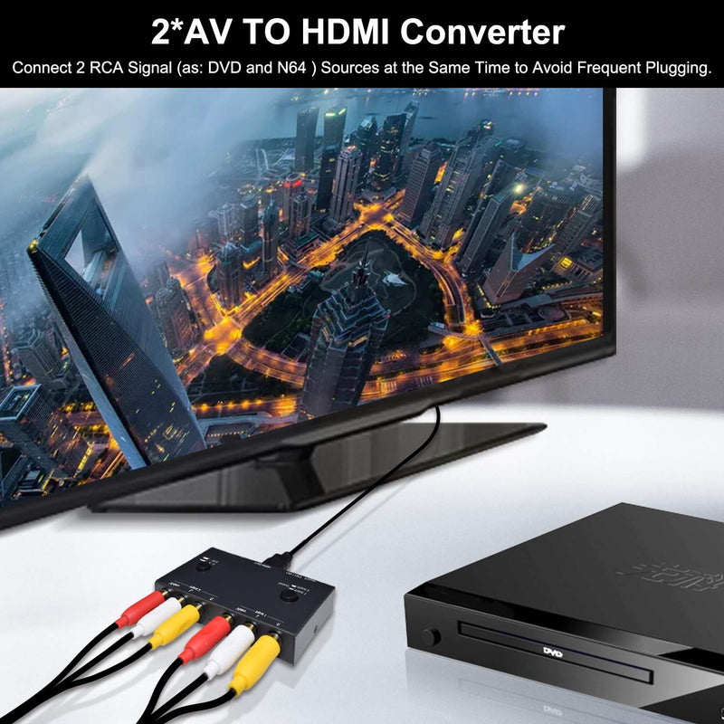  [AUSTRALIA] - Azduou 2 AV to HDMI, 1080P/720P 2 Way RCA Composite CVBS AV Switch to HDMI Video Audio Converter Adapter Support 4:3/16:9 Switching, for Sega Xbox PS2 PS3 N64 NGC SNES WII VHS VCR Camera DVD 2 RCA Converter