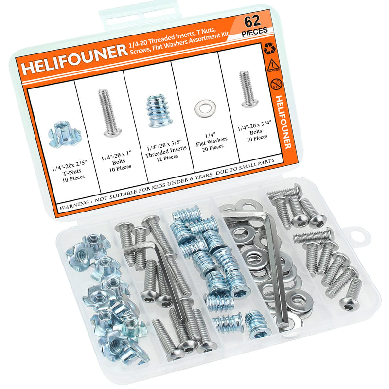  [AUSTRALIA] - HELIFOUNER 1/4"-20 Threaded Inserts for Wood Furniture, T Nuts, 1/4-20 x 3/4", 1" Button Head Socket Cap Screws, Flat Washers Assortment Kit, 62 Pieces 1/4"-20 Kit, 62 Pieces