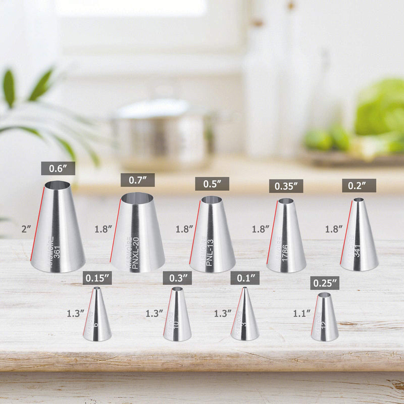  [AUSTRALIA] - Kasmoire 9 Pcs Round Piping Tip Set, Stainless Steel Pastry Tips for Cake Description and Decoration