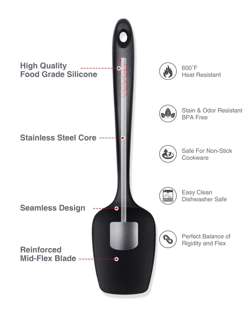  [AUSTRALIA] - Vovoly Silicone Spoon Spatula, 600ºF Heat Resistant Baking and Cooking Spoonula Spatula, Non-Scratch Rubber Scraper for Mixing and Stirring, Seamless Design, Stainless Steel Core, BPA Free, Black Large Spoon